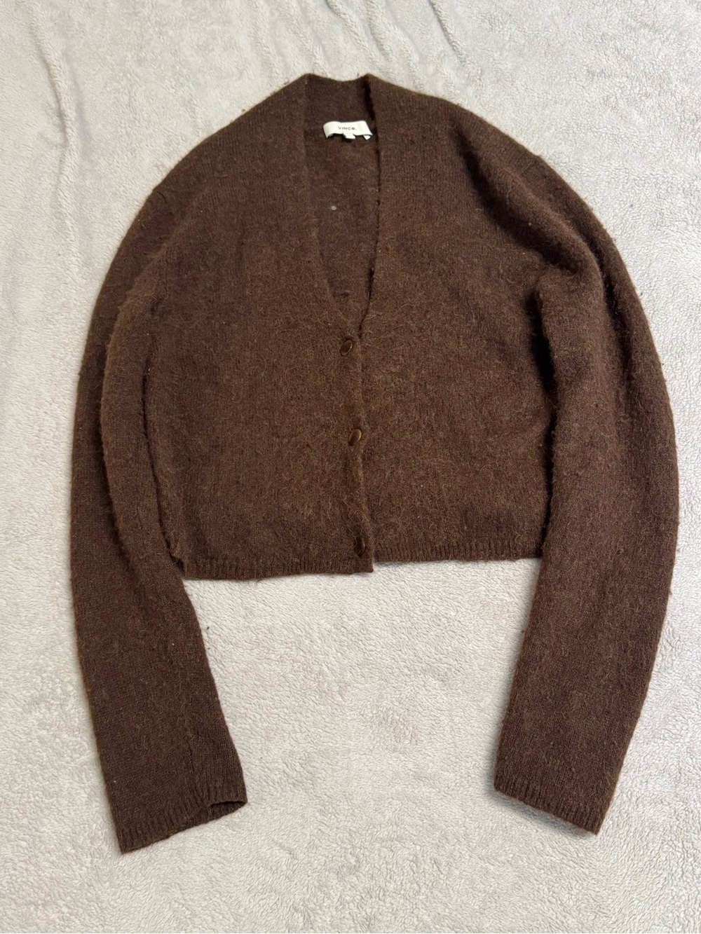 Vince Chocolate Brown Fuzzy V-Neck Button Cardigan